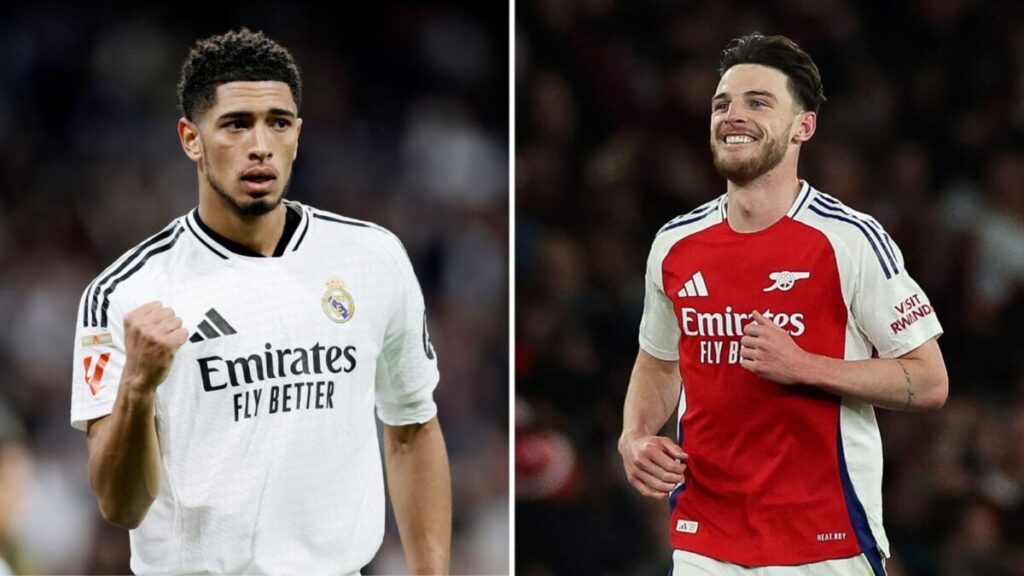 UEFA Champions League 2025: Will Real Madrid or Arsenal Face PSG in the Semi Final ? 2 declan rice vs jude bellingham